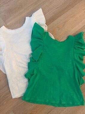 2 GB girls Ruffle Sleeve Tees - Green & White